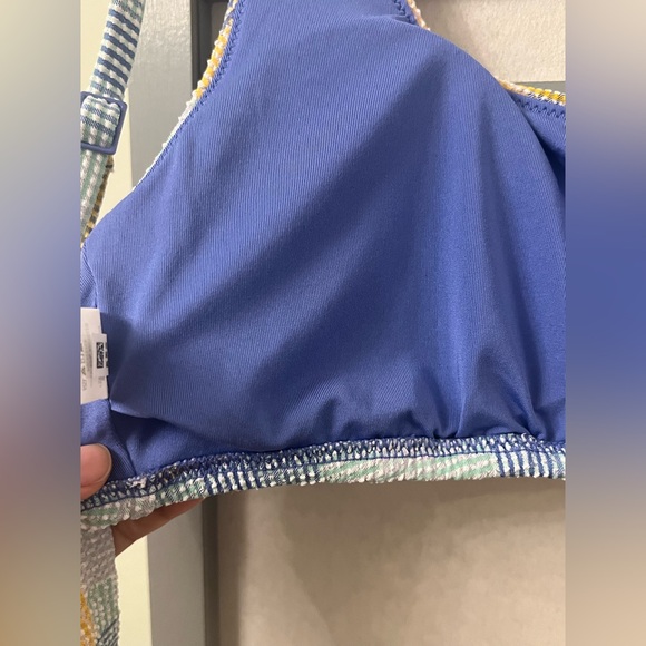 NWT Aerie Large Patchwork Tie Back Scoop Bikini Top Blue Yellow Removable Pads - Picture 7 of 10